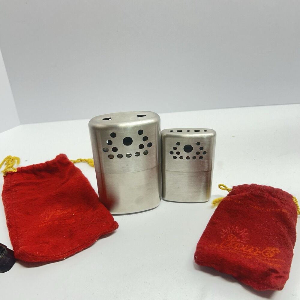 Vintage Jon-e Hand Warmer Set Giant & Standard Size Chrome Pouches Aladdin Labs